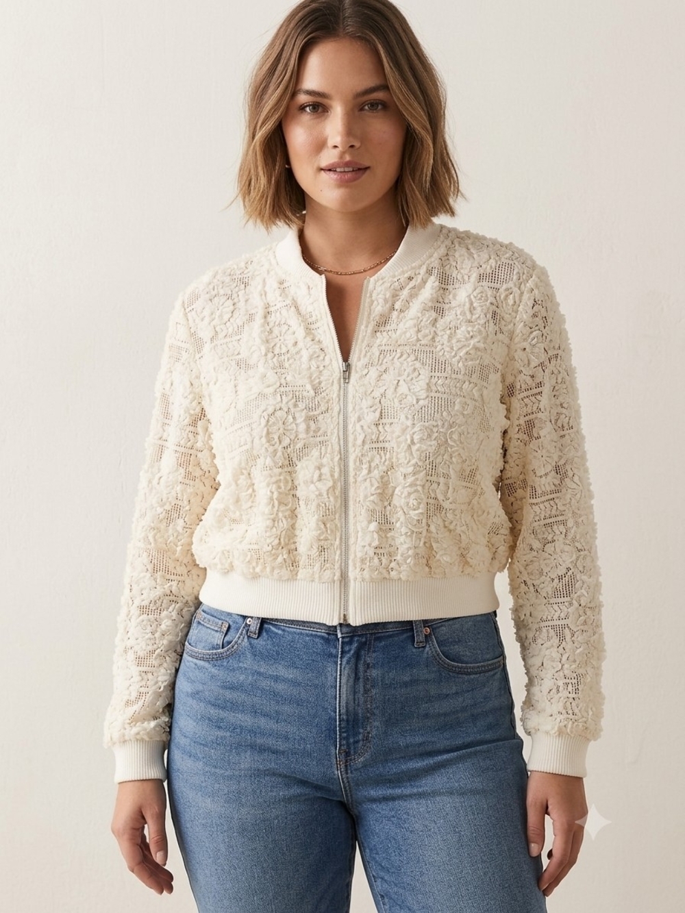 A Peach Chic Cream Lace Bohemian Cropped Bomber Jacket — Lightweight Zip-Front